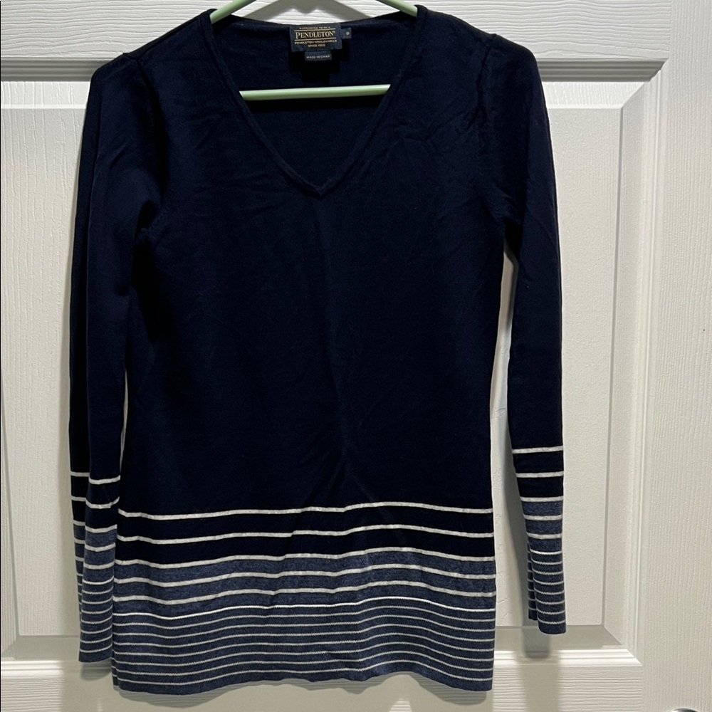 Merino Wool Navy Sweater with Striped Hem